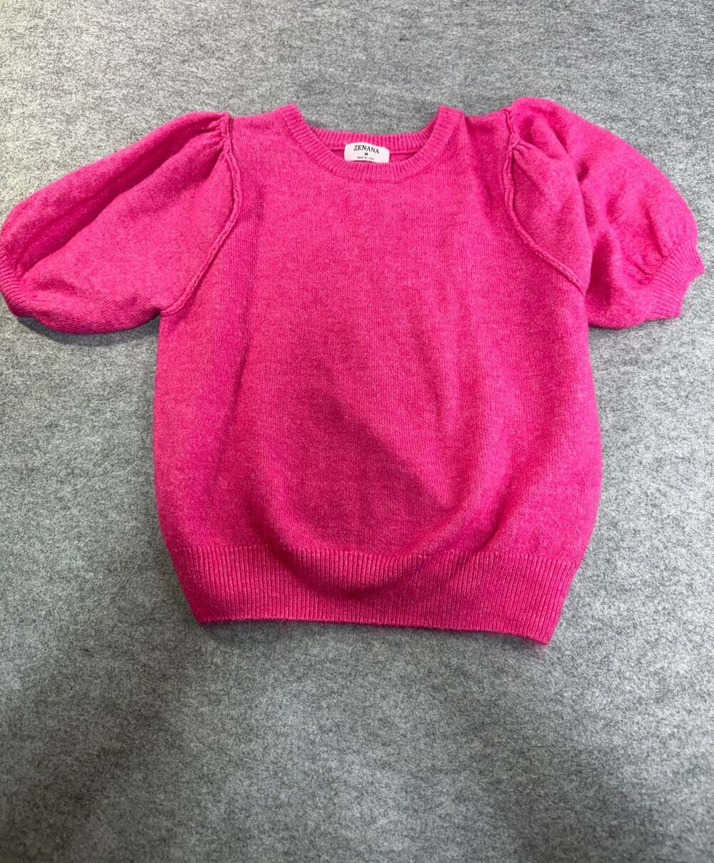 Zenana Women's Hot Pink Short Puff Sleeve Knit Sweater Size M